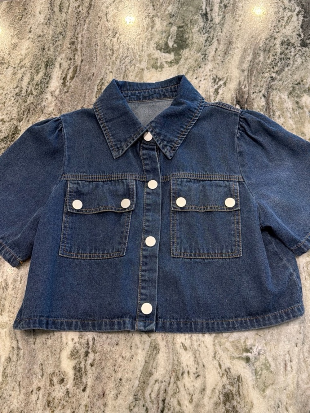 Dark Blue Denim Jacket (cropped)- Classic Short Sleeve Jean Jacket